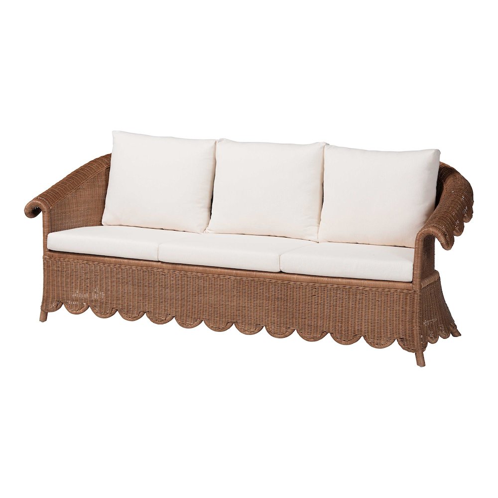Natural Rattan Sofa with Cushion - Handwoven Wicker Settee with Rolled Arms