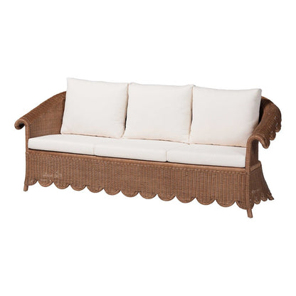 Natural Rattan Sofa with Cushion - Handwoven Wicker Settee with Rolled Arms