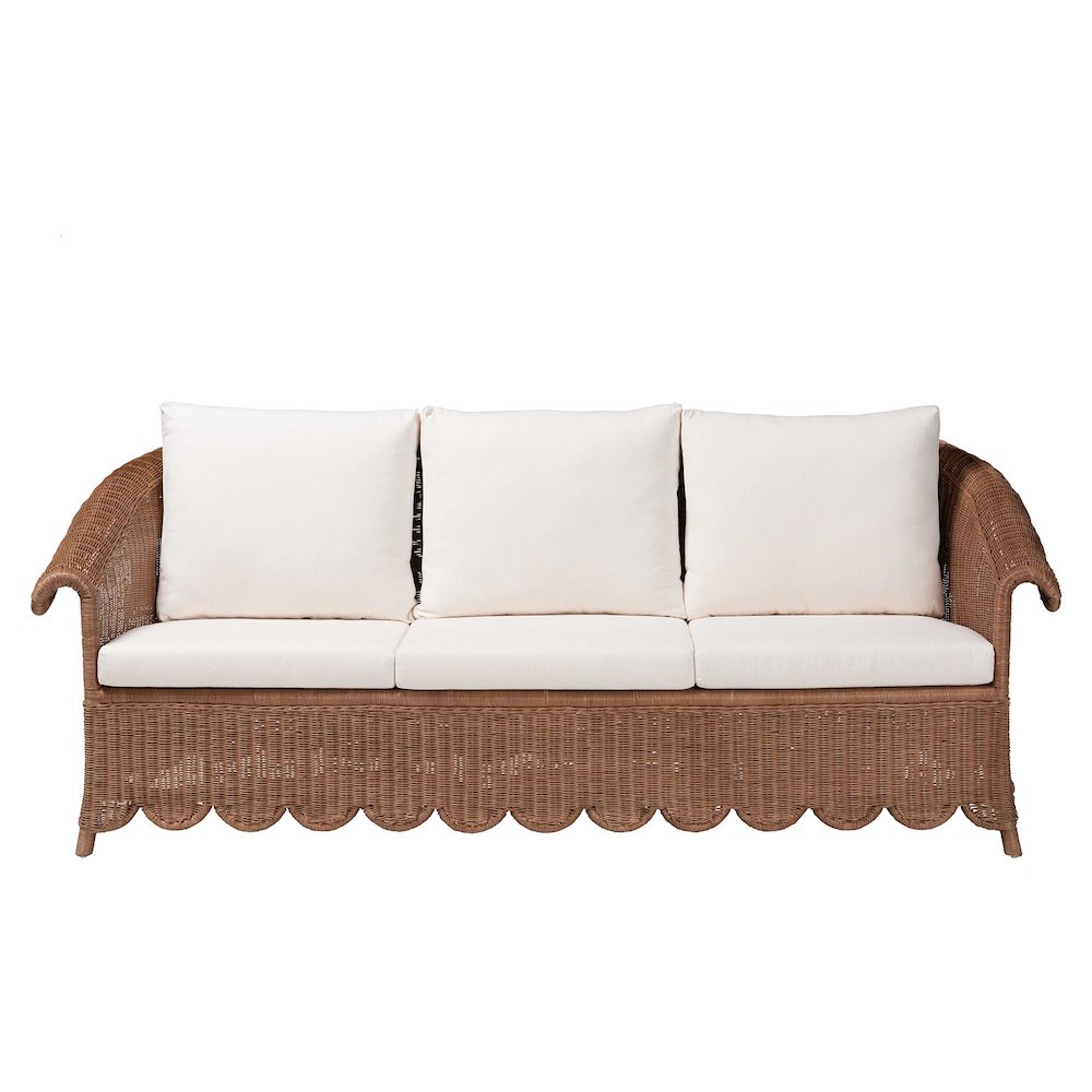 Natural Rattan Sofa with Cushion - Handwoven Wicker Settee with Rolled Arms
