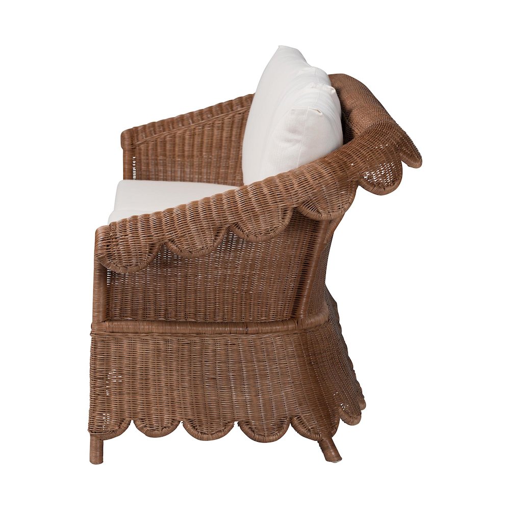 Natural Rattan Sofa with Cushion - Handwoven Wicker Settee with Rolled Arms