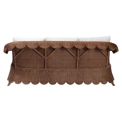 Natural Rattan Sofa with Cushion - Handwoven Wicker Settee with Rolled Arms