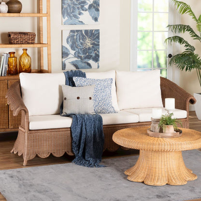 Natural Rattan Sofa with Cushion - Handwoven Wicker Settee with Rolled Arms