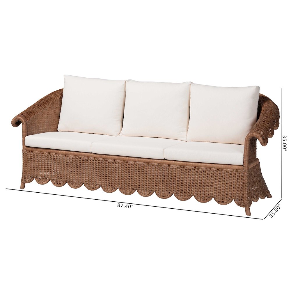 Natural Rattan Sofa with Cushion - Handwoven Wicker Settee with Rolled Arms