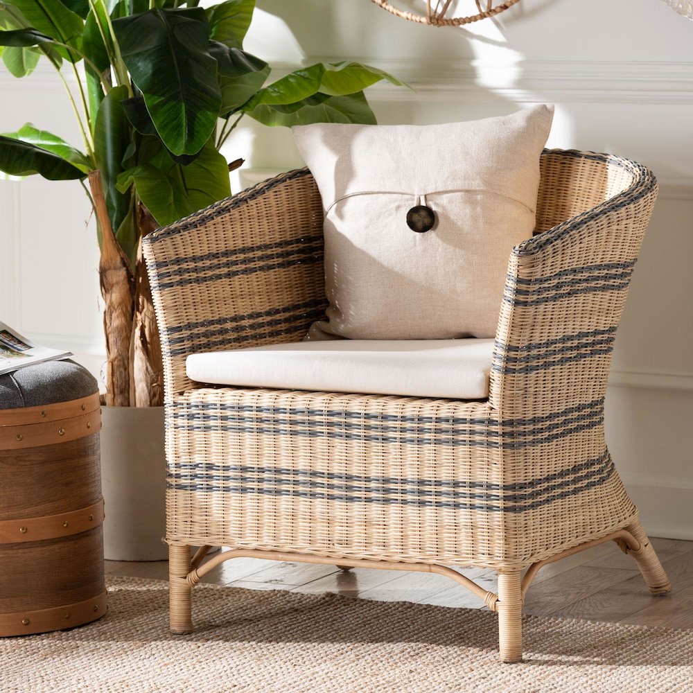 Accent Chair - Wicker Barrel-Back Chair with Two-Tone Woven Stripes