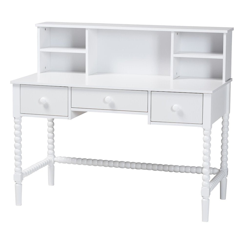 Writing Desk with Hutch - 3-Drawer Wood Desk with Bobbin Design, White