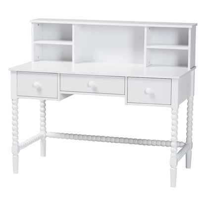 Writing Desk with Hutch - 3-Drawer Wood Desk with Bobbin Design, White