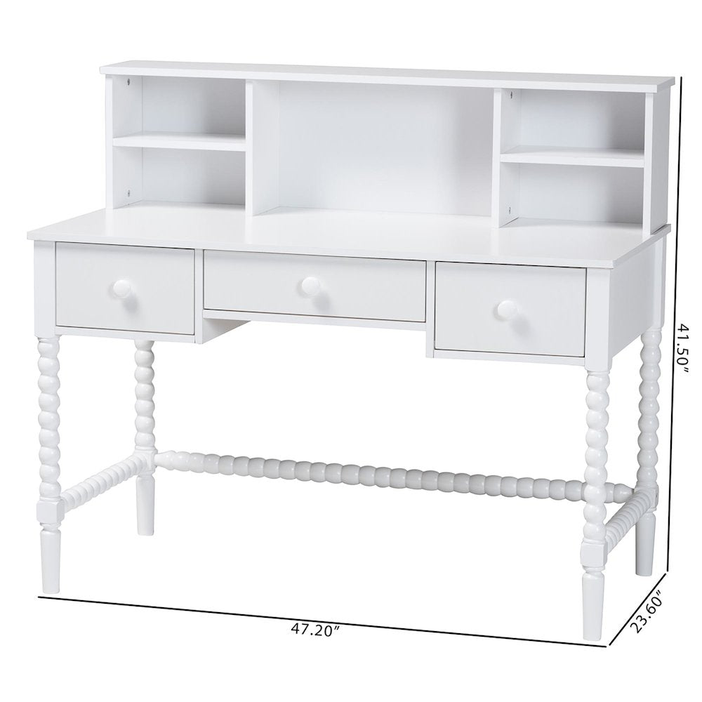 Writing Desk with Hutch - 3-Drawer Wood Desk with Bobbin Design, White