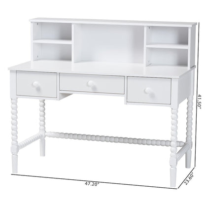 Writing Desk with Hutch - 3-Drawer Wood Desk with Bobbin Design, White