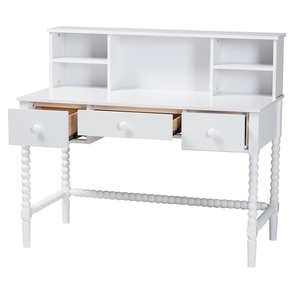 Writing Desk with Hutch - 3-Drawer Wood Desk with Bobbin Design, White