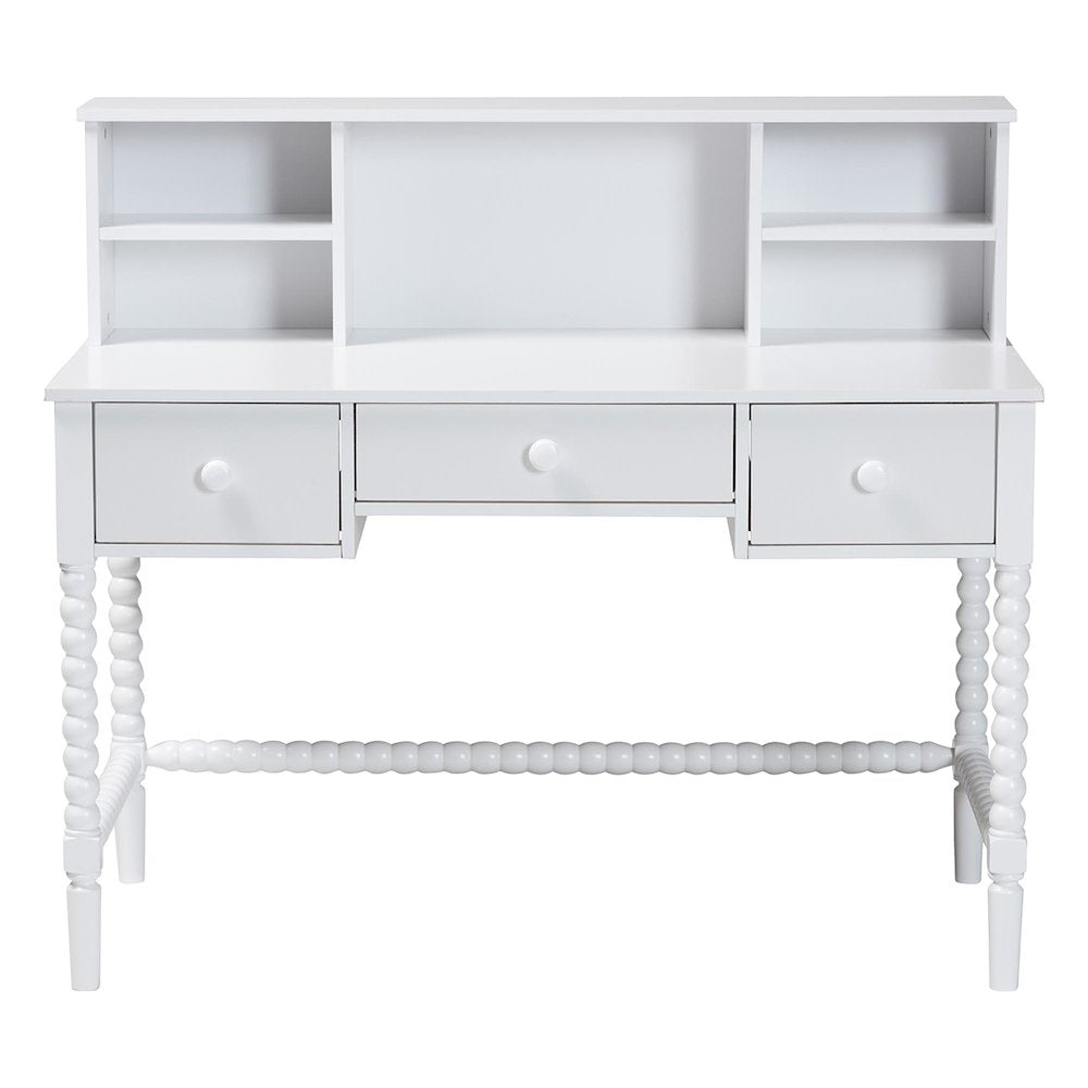 Writing Desk with Hutch - 3-Drawer Wood Desk with Bobbin Design, White