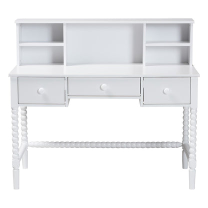 Writing Desk with Hutch - 3-Drawer Wood Desk with Bobbin Design, White