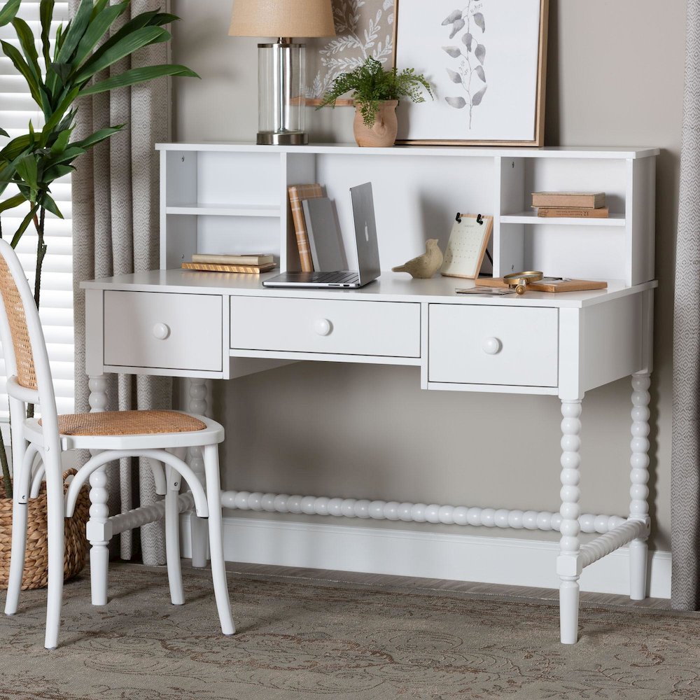 Writing Desk with Hutch - 3-Drawer Wood Desk with Bobbin Design, White