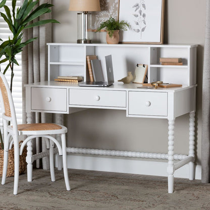 Writing Desk with Hutch - 3-Drawer Wood Desk with Bobbin Design, White