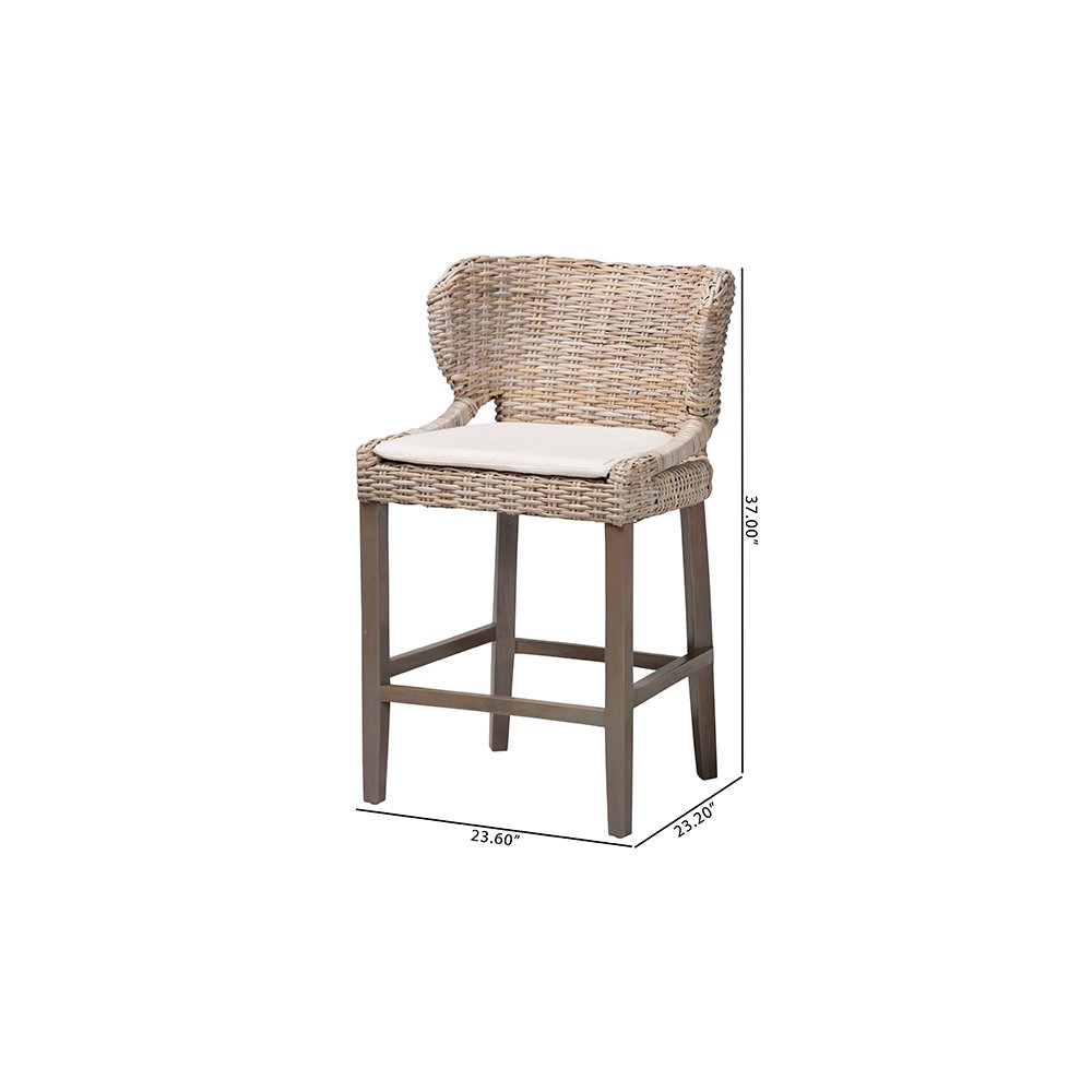 Niesha Kubu Rattan Counter Stool with Flared Arms and Cushion, Grey