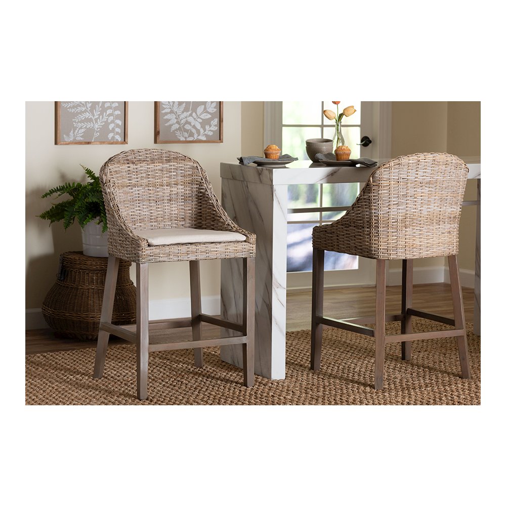 Lara Kubu Rattan Counter Stool with Wingback Design and Cushion, Grey