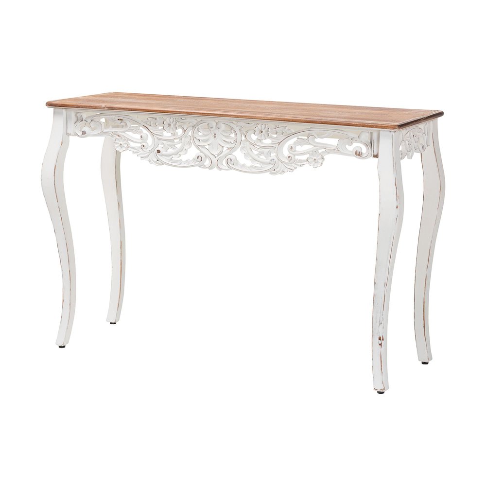 Distressed Wood Console Table with Floral Motif and Two-Tone Finishing