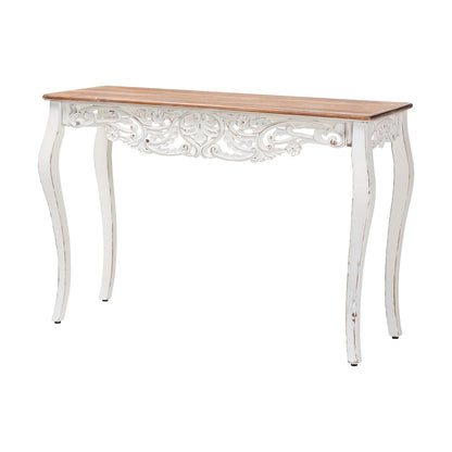 Distressed Wood Console Table with Floral Motif and Two-Tone Finishing