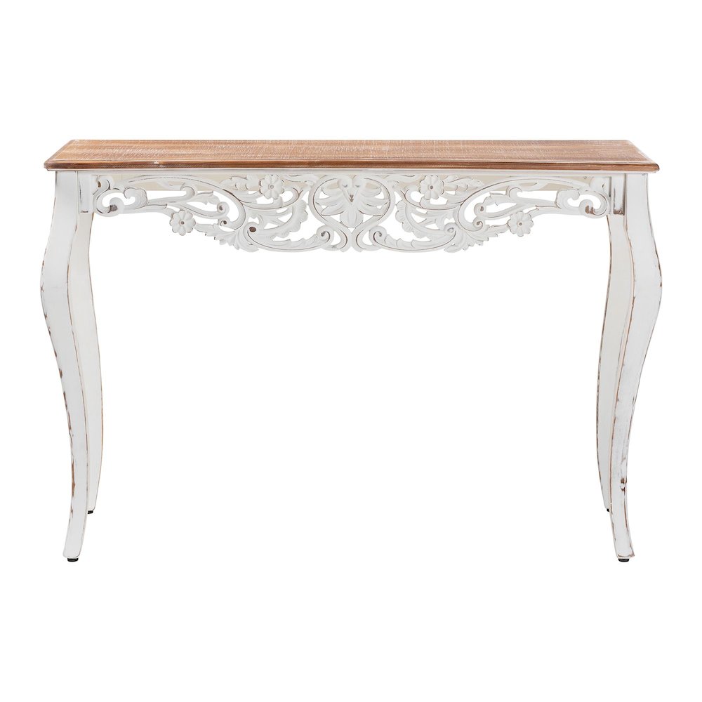 Distressed Wood Console Table with Floral Motif and Two-Tone Finishing