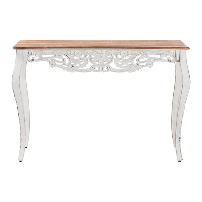 Distressed Wood Console Table with Floral Motif and Two-Tone Finishing