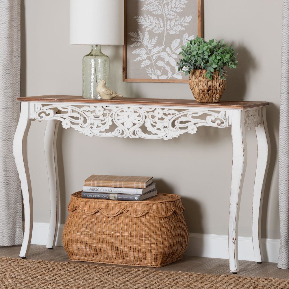 Distressed Wood Console Table with Floral Motif and Two-Tone Finishing