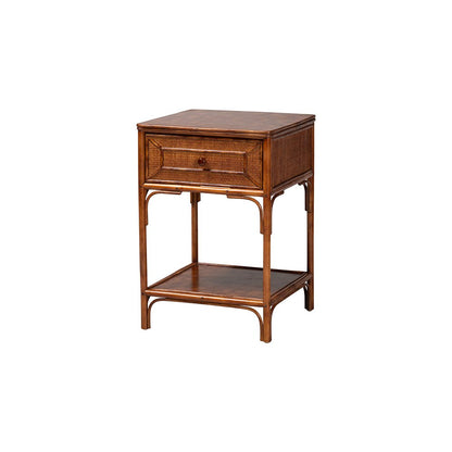 Basile Tortoise Rattan End Table with Geometric Overlay Drawer