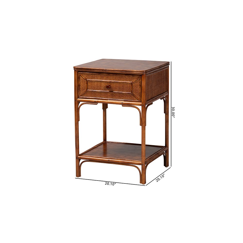 Basile Tortoise Rattan End Table with Geometric Overlay Drawer