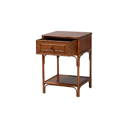 Basile Tortoise Rattan End Table with Geometric Overlay Drawer
