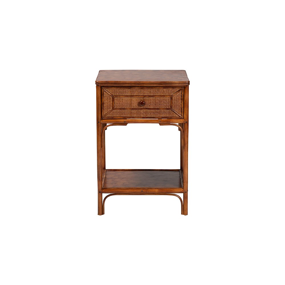 Basile Tortoise Rattan End Table with Geometric Overlay Drawer