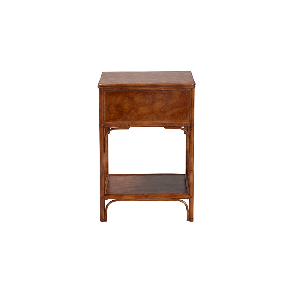 Basile Tortoise Rattan End Table with Geometric Overlay Drawer