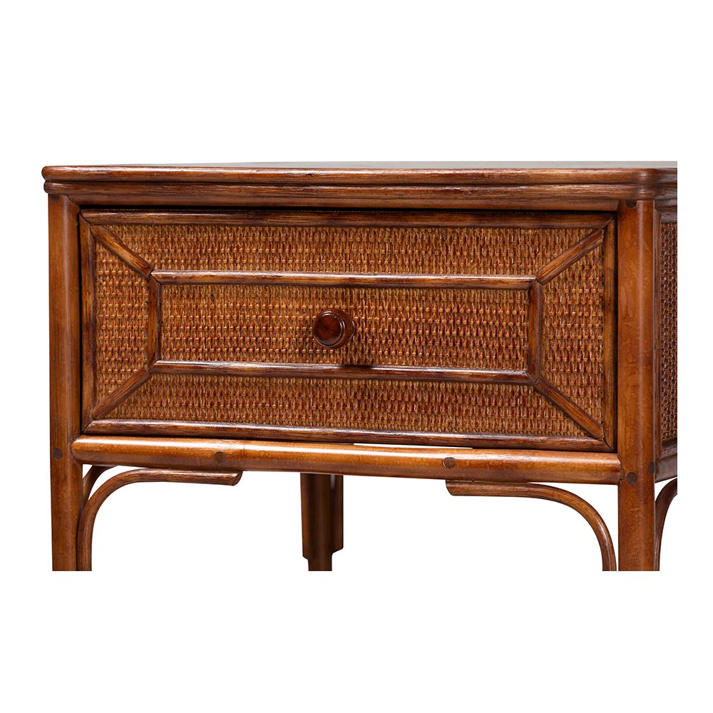 Basile Tortoise Rattan End Table with Geometric Overlay Drawer