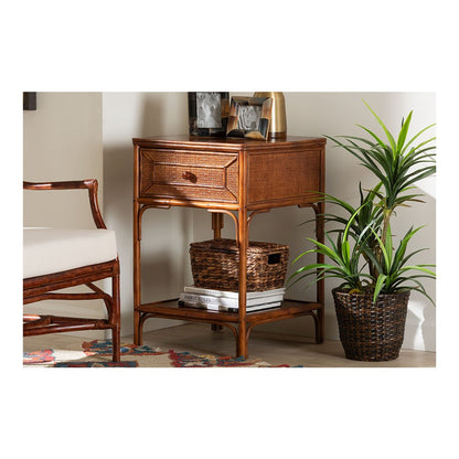 Basile Tortoise Rattan End Table with Geometric Overlay Drawer