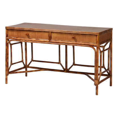 2-Drawer Writing Desk with Open Geometric Frame and Woven Detailing