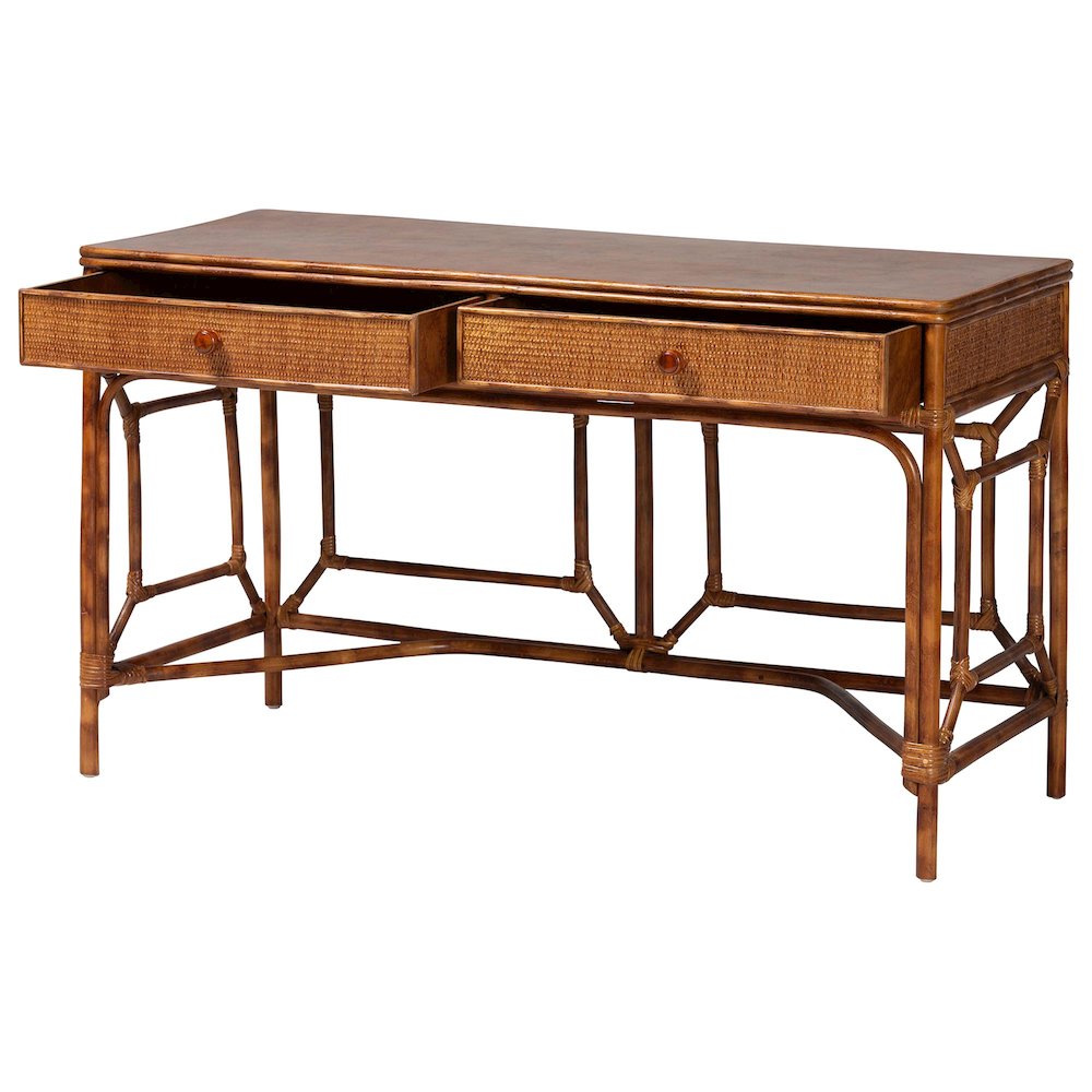 2-Drawer Writing Desk with Open Geometric Frame and Woven Detailing