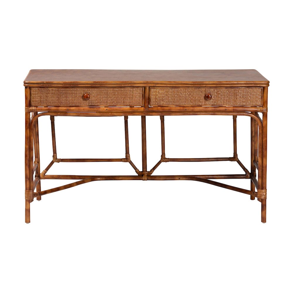 2-Drawer Writing Desk with Open Geometric Frame and Woven Detailing