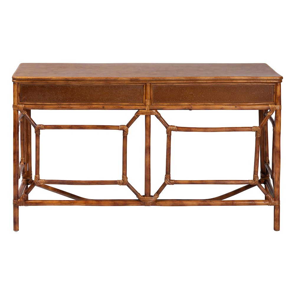 2-Drawer Writing Desk with Open Geometric Frame and Woven Detailing