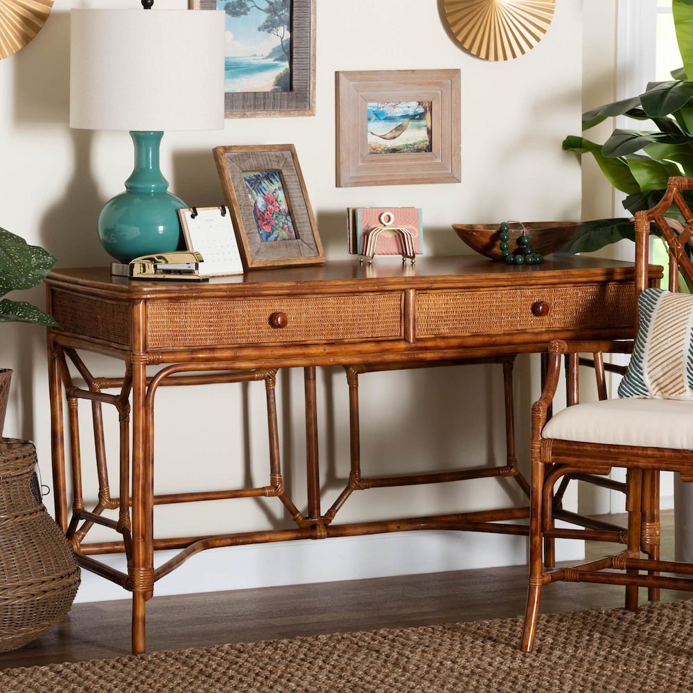 2-Drawer Writing Desk with Open Geometric Frame and Woven Detailing