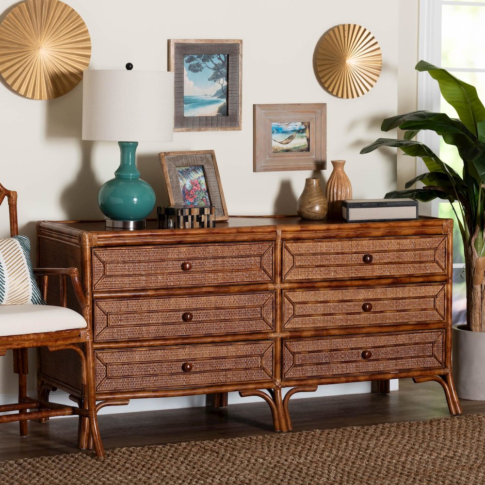 6-Drawer Horizontal Storage Cabinet with Geometric Overlay for Bedroom