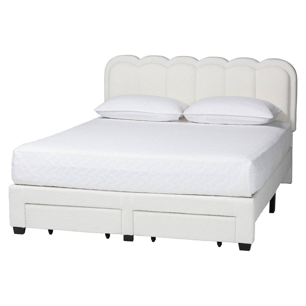 Caradonna Cream Bed with Storage Drawers - Fully Upholstered Platform Bed, Queen