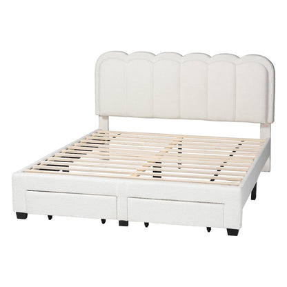 Caradonna Cream Bed with Storage Drawers - Fully Upholstered Platform Bed, Queen