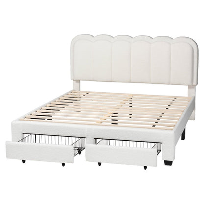 Caradonna Cream Bed with Storage Drawers - Fully Upholstered Platform Bed, Queen