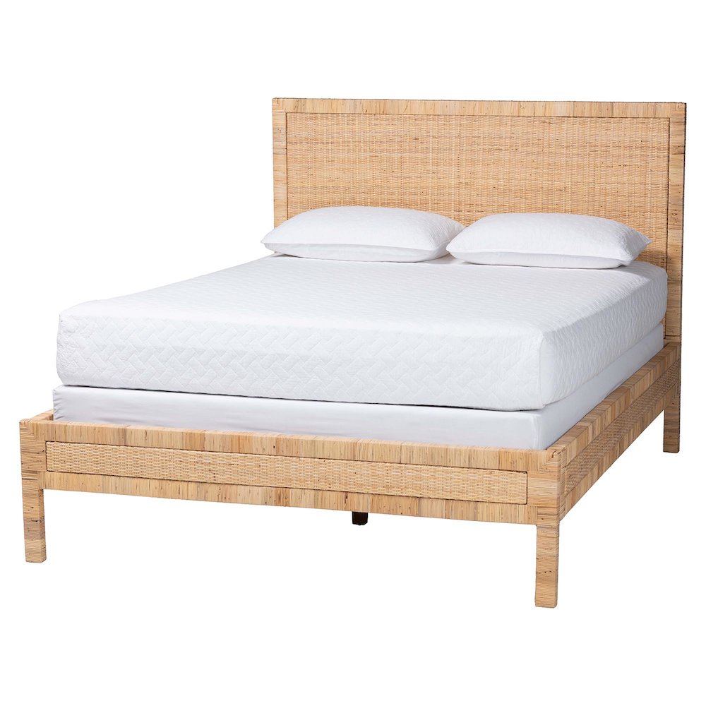 Natural Rattan Bed - Coastal Boho Style Bed Frame with Woven Detailing, Queen