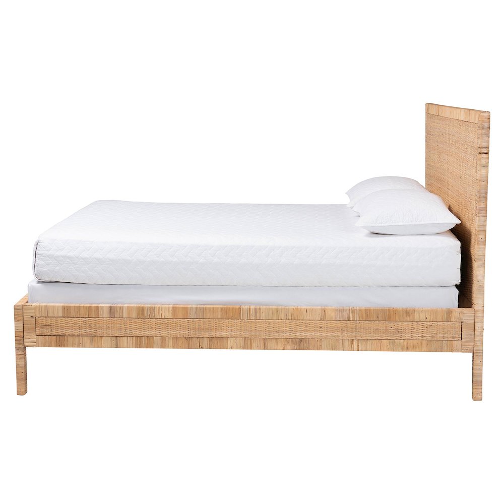Natural Rattan Bed - Coastal Boho Style Bed Frame with Woven Detailing, Queen