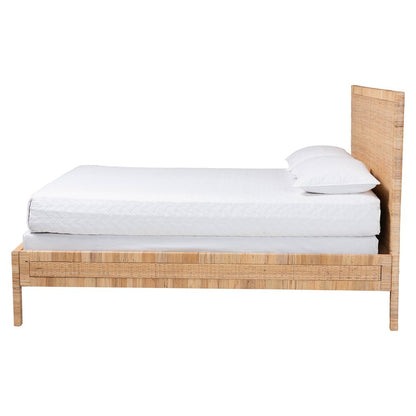 Natural Rattan Bed - Coastal Boho Style Bed Frame with Woven Detailing, Queen