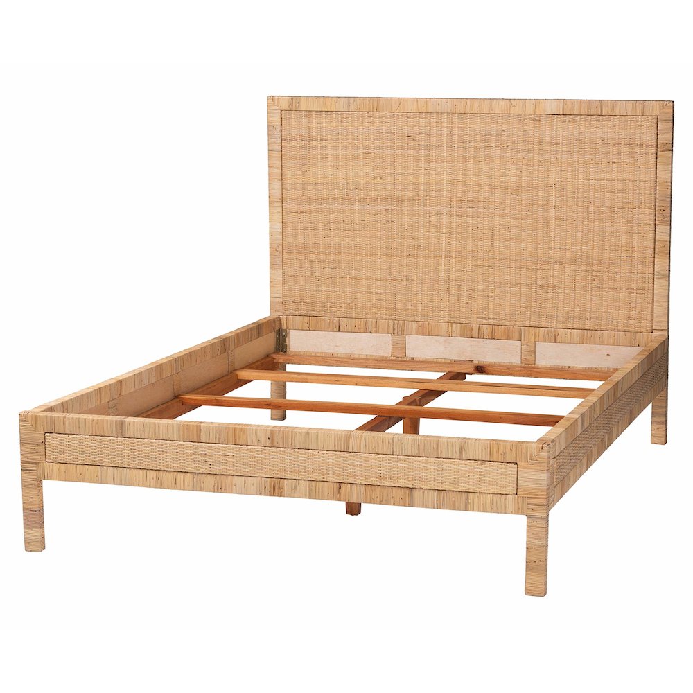 Natural Rattan Bed - Coastal Boho Style Bed Frame with Woven Detailing, Queen