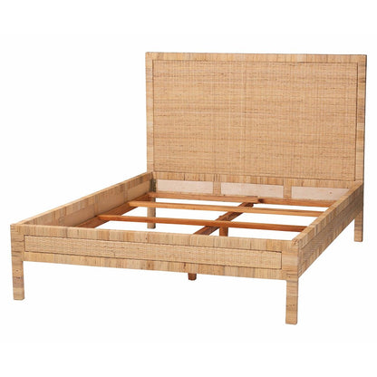 Natural Rattan Bed - Coastal Boho Style Bed Frame with Woven Detailing, Queen