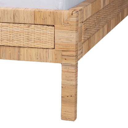 Natural Rattan Bed - Coastal Boho Style Bed Frame with Woven Detailing, Queen