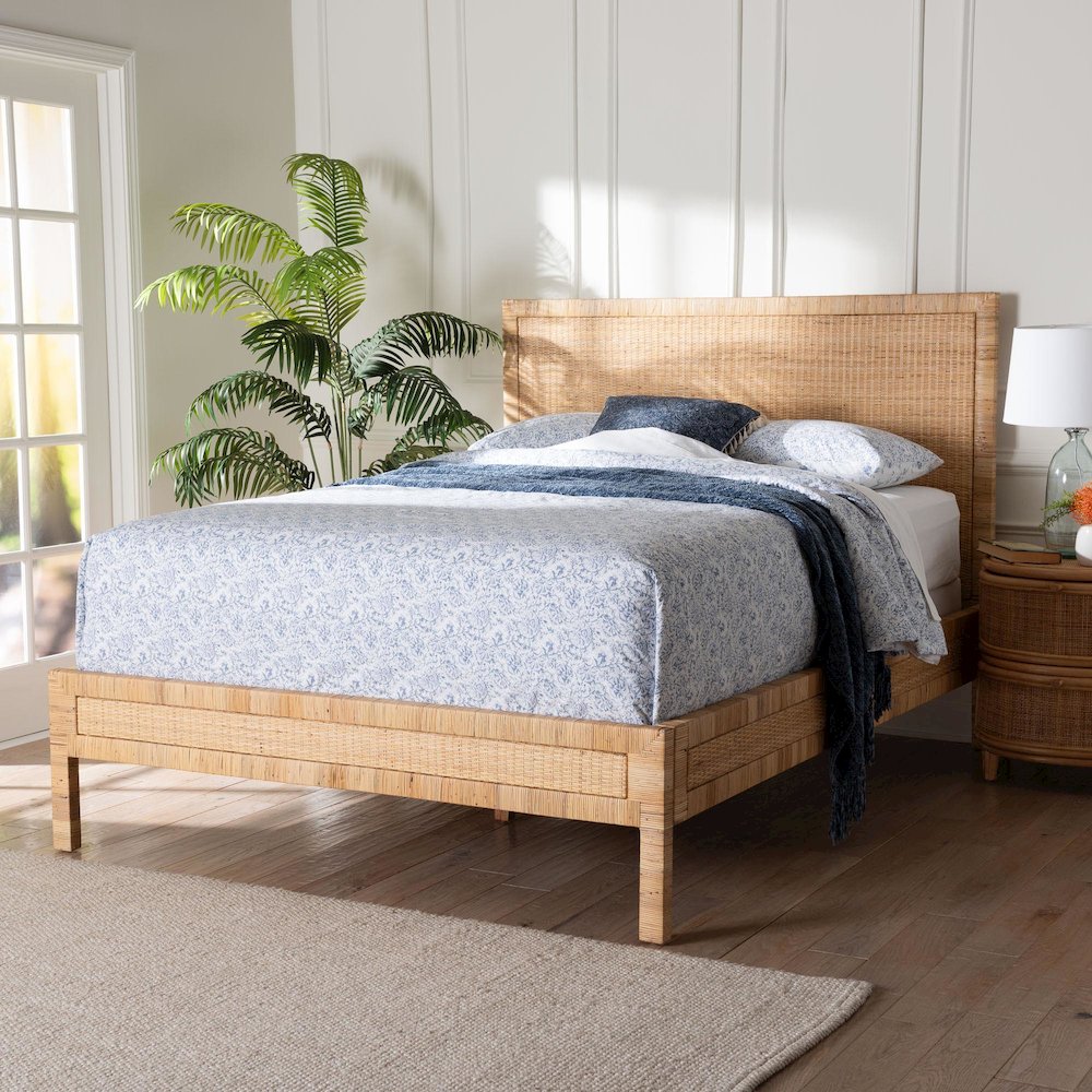 Natural Rattan Bed - Coastal Boho Style Bed Frame with Woven Detailing, Queen