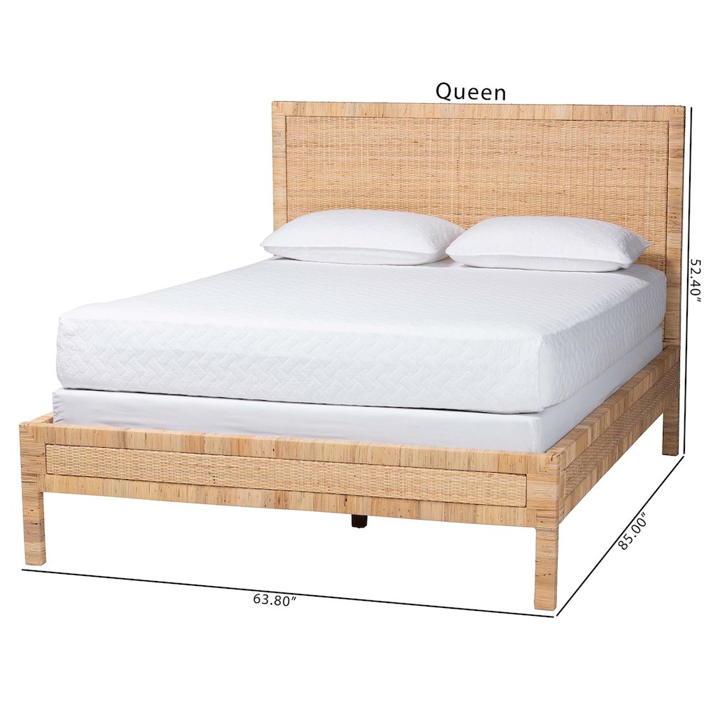Natural Rattan Bed - Coastal Boho Style Bed Frame with Woven Detailing, Queen
