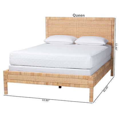 Natural Rattan Bed - Coastal Boho Style Bed Frame with Woven Detailing, Queen