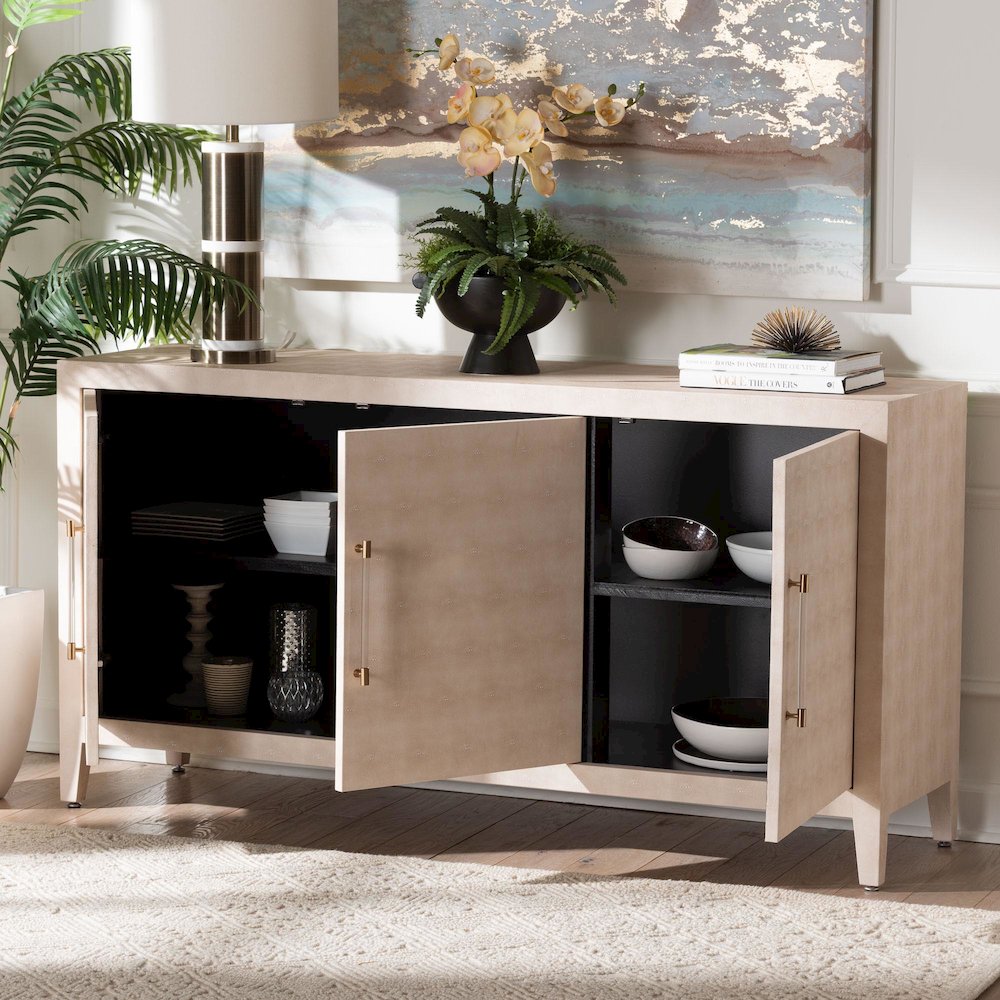 Faux Shagreen Sideboard - Contemporary 3-Door Buffet Storage Cabinet